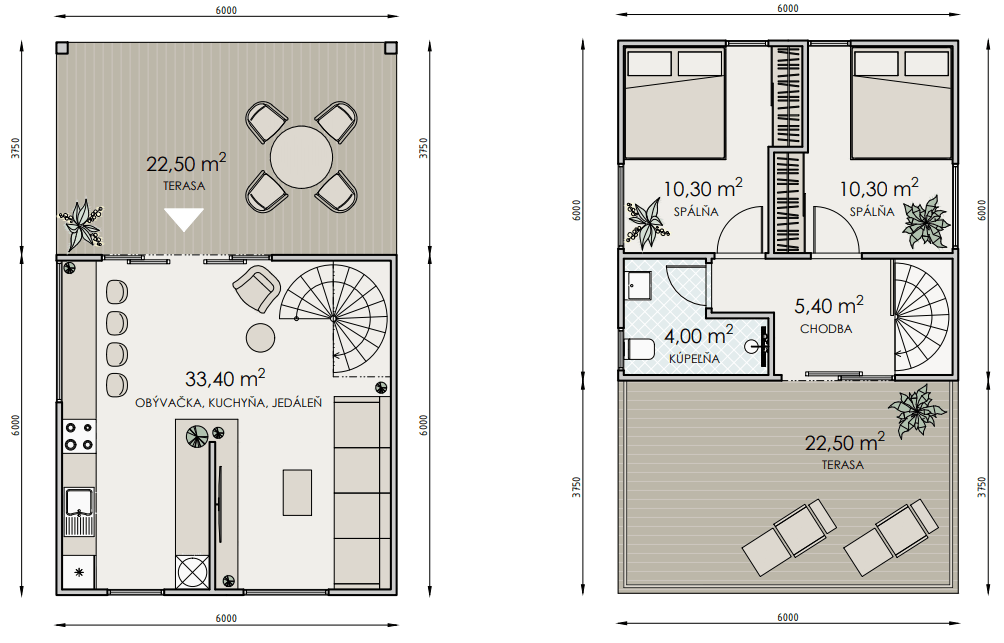 Pôdorys MODOM P108 — prízemie s obývacou časťou 33,4 m² a terasou 22,5 m², poschodie s dvomi spálňami po 10,3 m², kúpeľňou 4,0 m², chodbou 5,4 m² a terasou 22,5 m²
